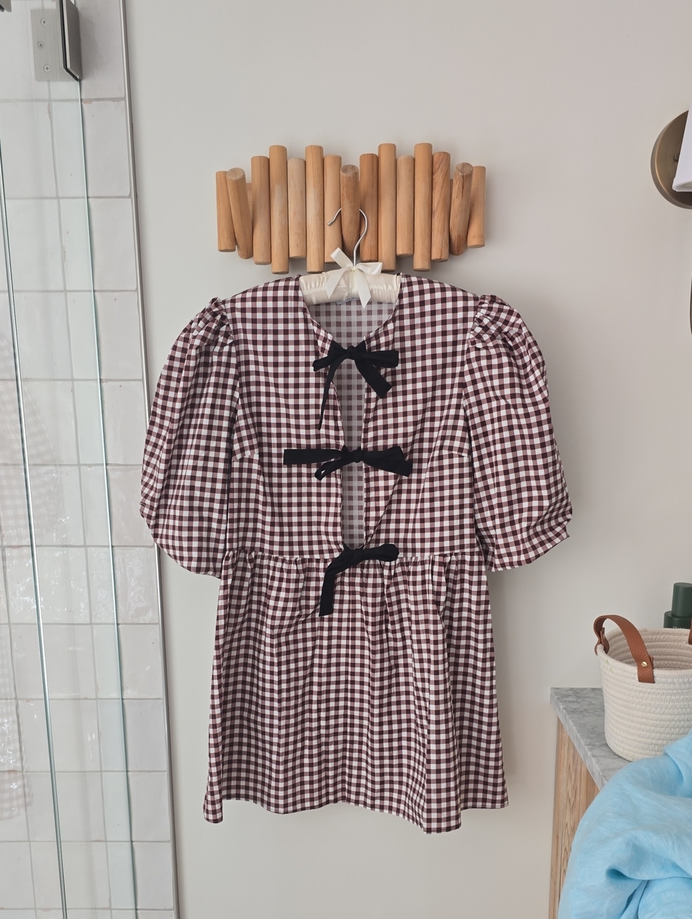 ASOS Brown and White Gingham Puff Sleeve Mini Dress with Black Bows